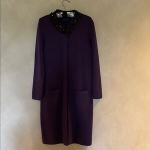 Boden Wool Cardigan Long Line Sweater Coat Purple Beaded Collar Snap size 10